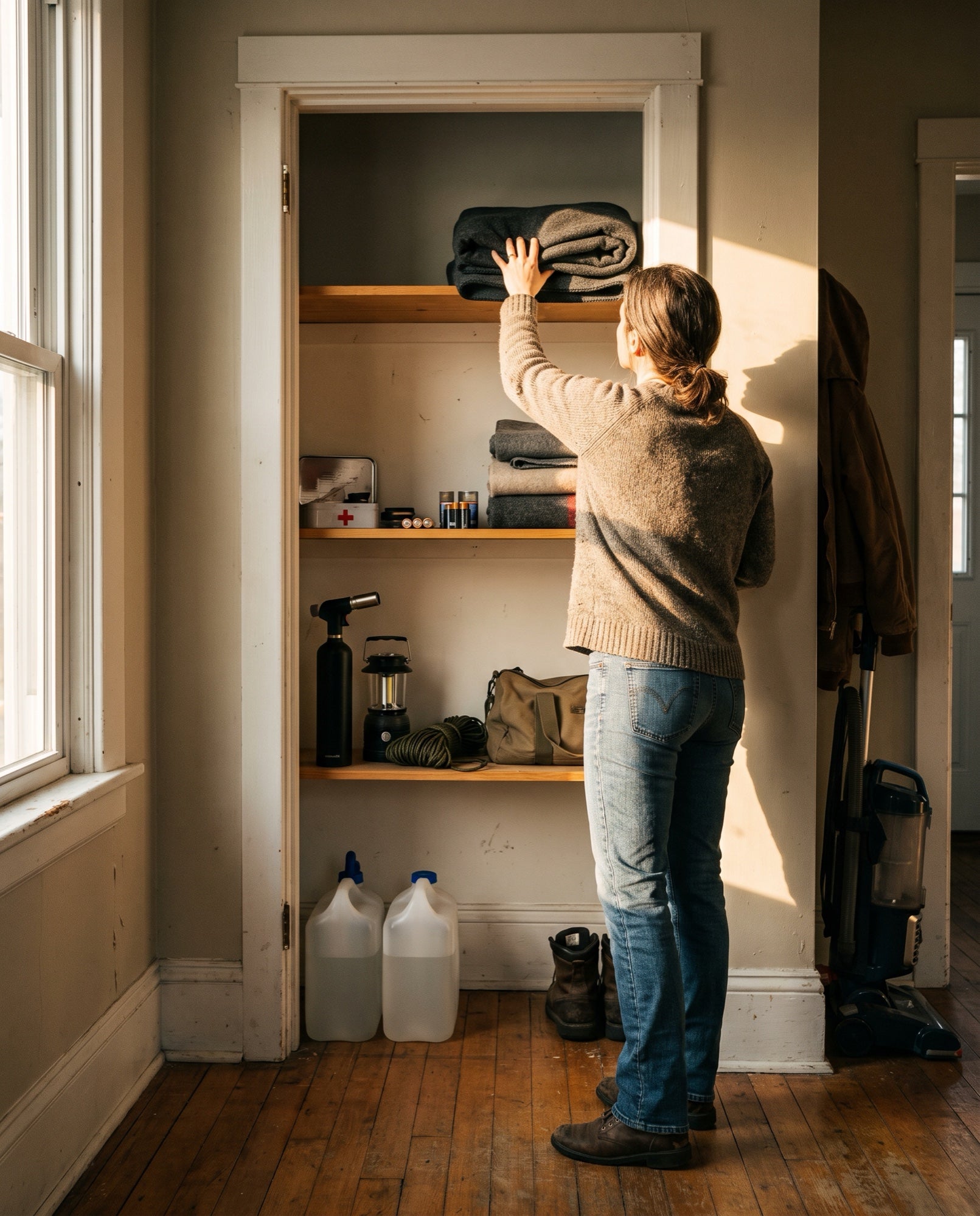 A woman putting a blanket onto a shelf of household emergency supplies